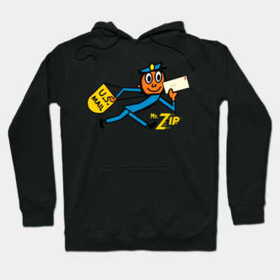 Black hoodie with vintage postal worker graphic, featuring a letter and mailbag, cotton material, casual style.