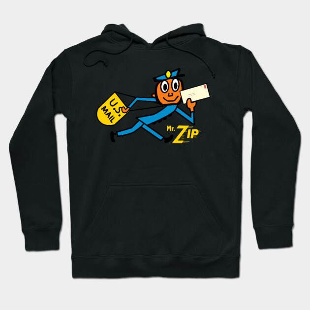 Black hoodie with vintage postal worker graphic, featuring a letter and mailbag, cotton material, casual style.