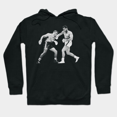 Black boxing-themed hoodie featuring vintage fight graphic, ideal for casual wear or sports enthusiasts.