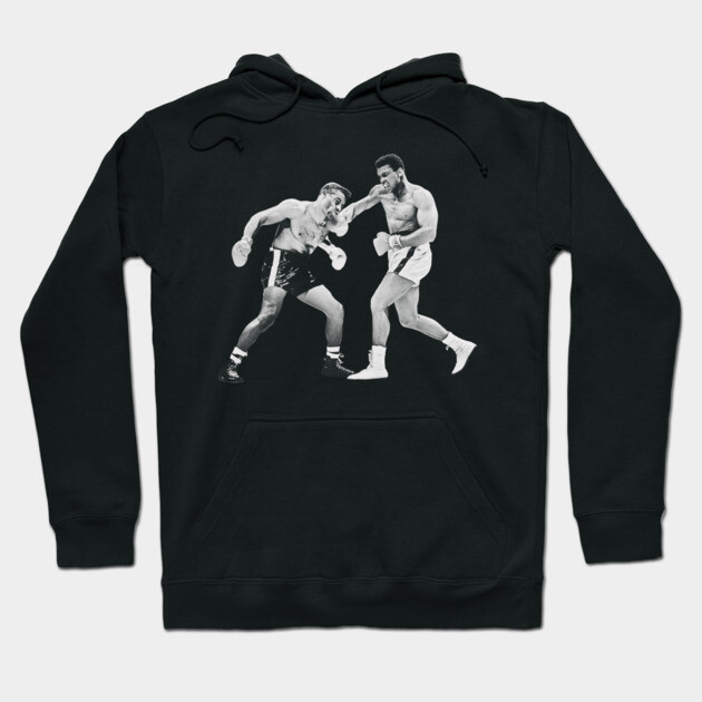 Black boxing-themed hoodie featuring vintage fight graphic, ideal for casual wear or sports enthusiasts.
