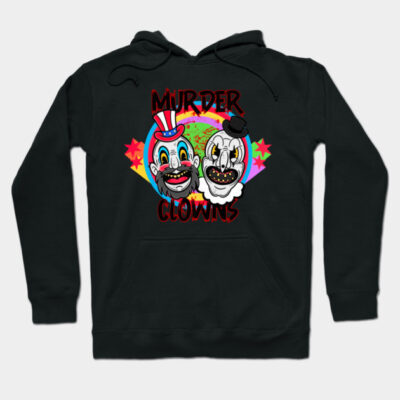 Black hoodie with colorful clown graphic and "Murder Clowns" text, perfect for casual wear or themed events.