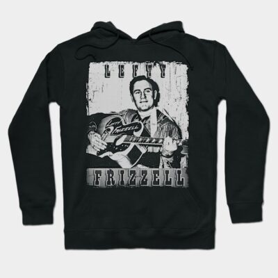 Black hoodie with vintage guitar graphic, featuring "Frizzell" text. Perfect for music lovers. Soft cotton material.
