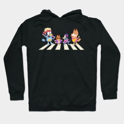 Black hoodie with cartoon dogs crossing a street, casual style, cotton material, ideal for everyday wear.