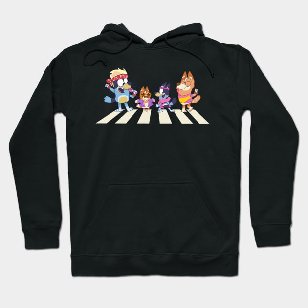Black hoodie with cartoon dogs crossing a street, casual style, cotton material, ideal for everyday wear.