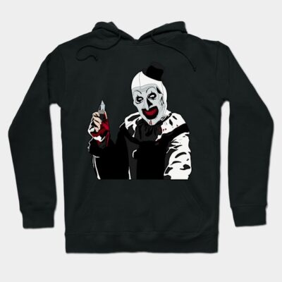 Black hoodie featuring a spooky clown graphic, perfect for Halloween or horror enthusiasts. Cotton blend, unisex style.