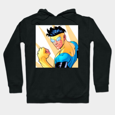 Black hoodie with colorful superhero graphic, featuring bold colors and dynamic design, perfect for casual wear.