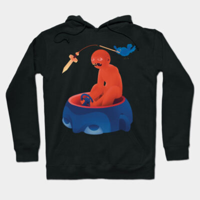 Black hoodie with surreal graphic design featuring a red figure and blue bird, ideal for casual wear. Cotton blend.