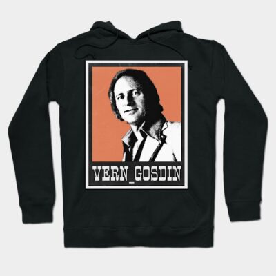 Black hoodie with retro-style graphic print, featuring bold text. Casual wear, comfortable cotton material.