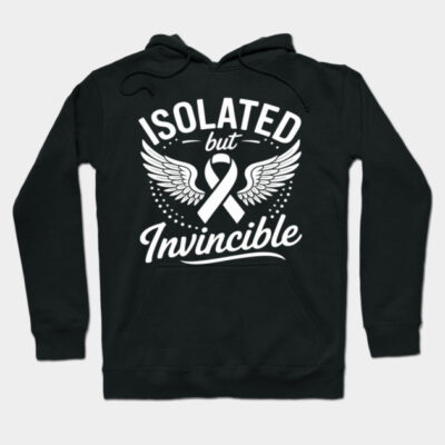 Black hoodie with "Isolated but Invincible" text and winged ribbon design, ideal for casual wear and comfort.