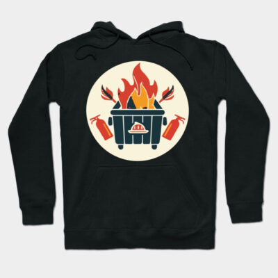 Black hoodie with a funny dumpster fire graphic, featuring flames and fire extinguishers. Perfect for casual wear.