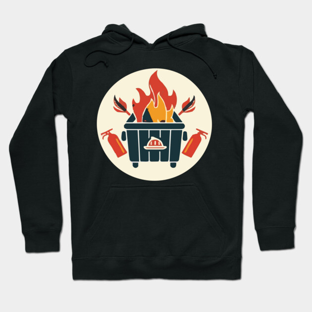 Black hoodie with a funny dumpster fire graphic, featuring flames and fire extinguishers. Perfect for casual wear.