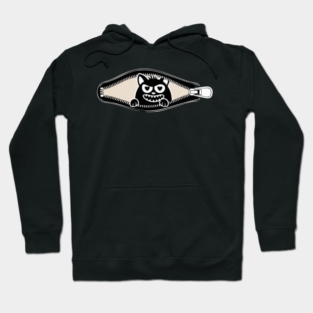 Black cotton hoodie with unique zipper and monster design, casual style, perfect for cool weather and everyday wear.