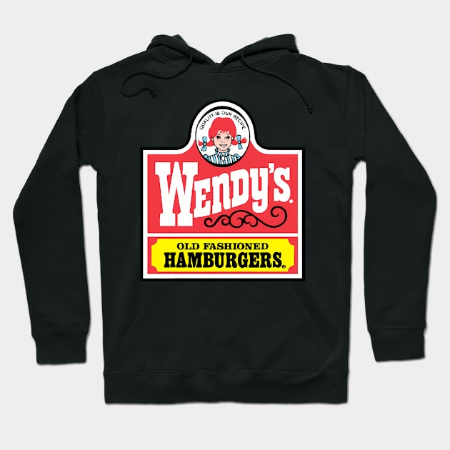 Black hoodie with retro fast food logo design, casual style, comfortable cotton blend, perfect for everyday wear.