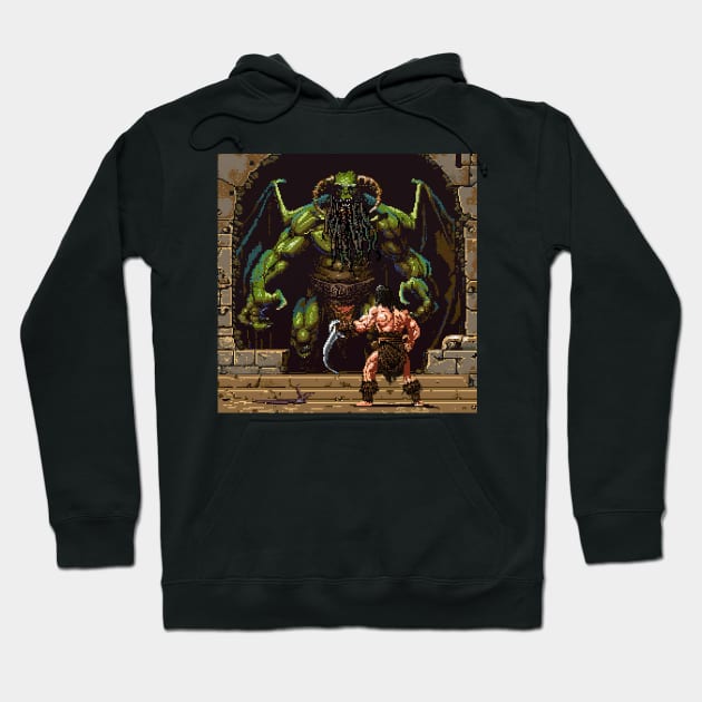 Black hoodie with retro fantasy artwork featuring a warrior and green monster; cotton material, casual style.