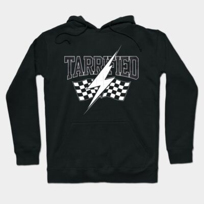 Black hoodie with bold graphic design featuring lightning bolt and checkered flags, perfect for casual wear.