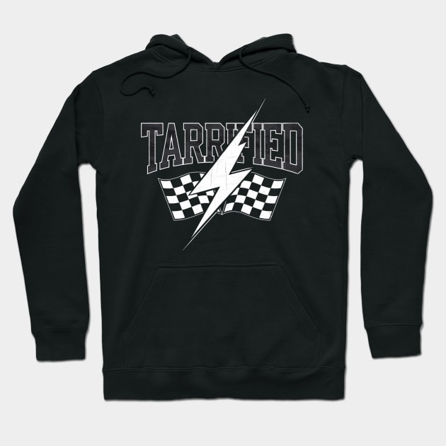 Black hoodie with bold graphic design featuring lightning bolt and checkered flags, perfect for casual wear.
