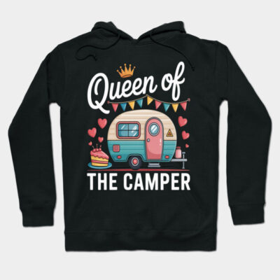 Black hoodie with "Queen of the Camper" design, featuring a colorful camper graphic. Perfect for outdoor enthusiasts.