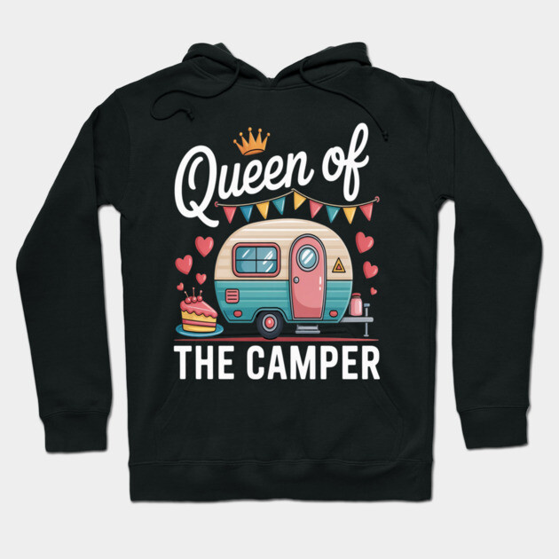 Black hoodie with "Queen of the Camper" design, featuring a colorful camper graphic. Perfect for outdoor enthusiasts.