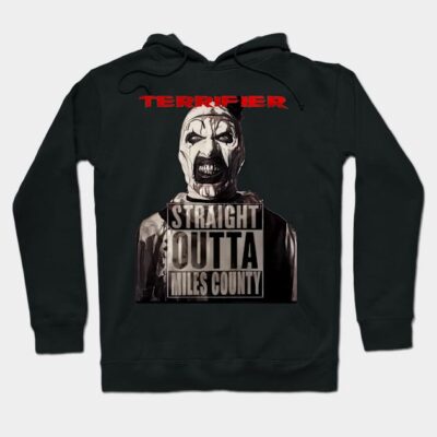 Black horror-themed hoodie with "Straight Outta Miles County" graphic, perfect for casual wear and horror fans.