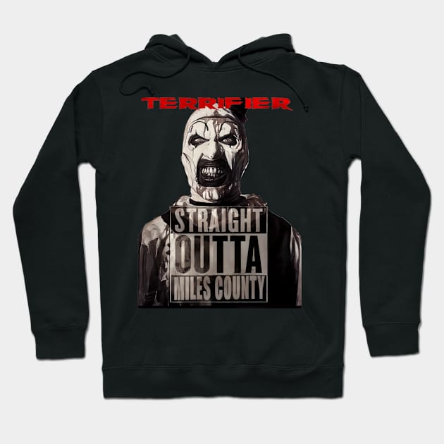 Black horror-themed hoodie with "Straight Outta Miles County" graphic, perfect for casual wear and horror fans.