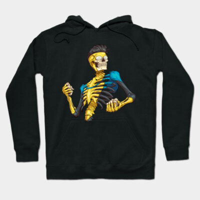Black hoodie with colorful skeleton design, featuring vibrant blue and yellow accents. Perfect for casual wear.