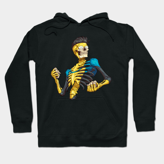 Black hoodie with colorful skeleton design, featuring vibrant blue and yellow accents. Perfect for casual wear.