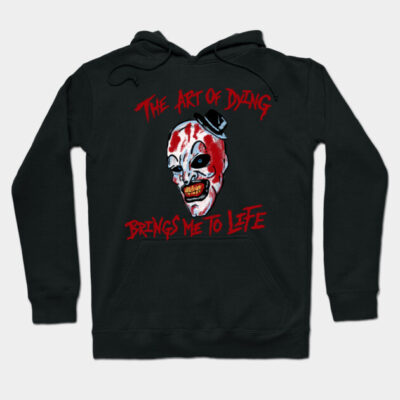 Black hoodie with graphic art and red text, featuring a clown design. Casual wear, cotton blend, unisex style.