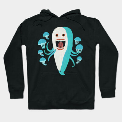Black hoodie with unique monster and jellyfish design, featuring teal and white colors, perfect for casual wear.