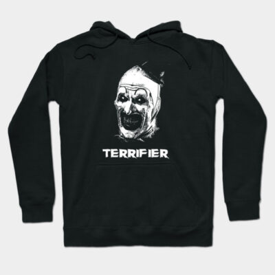 Black hoodie with horror-themed graphic and "Terrifier" text, perfect for casual wear or Halloween events.