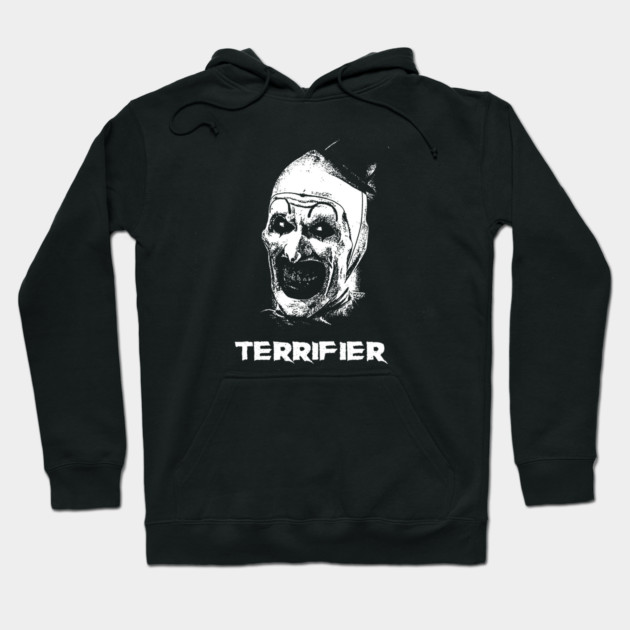 Black hoodie with horror-themed graphic and "Terrifier" text, perfect for casual wear or Halloween events.