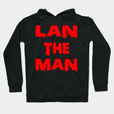 Black hoodie with bold red text "LAN THE MAN", casual style, perfect for everyday wear, made from soft cotton blend.