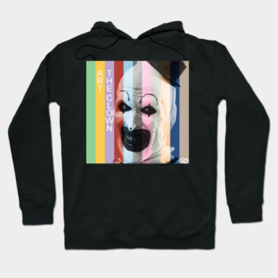 "Black hoodie with colorful clown graphic design, cotton material, casual wear for all seasons."