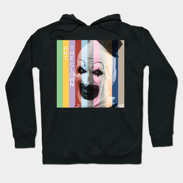 "Black hoodie with colorful clown graphic design, cotton material, casual wear for all seasons."
