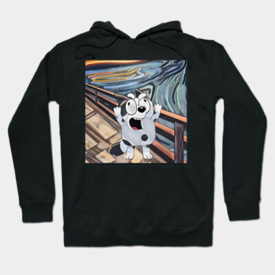Black hoodie with cartoon dog print, inspired by famous painting, casual wear, soft cotton blend, unisex design.