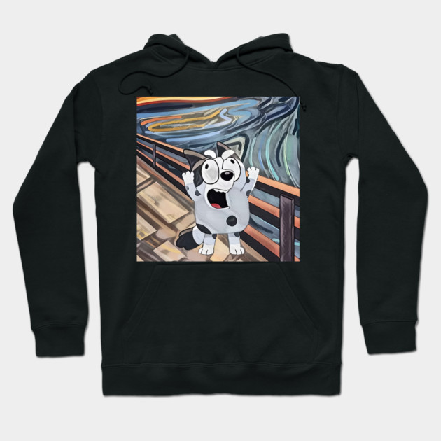 Black hoodie with cartoon dog print, inspired by famous painting, casual wear, soft cotton blend, unisex design.