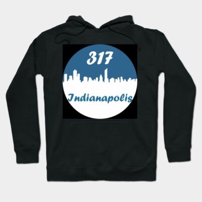 Black hoodie with Indianapolis skyline graphic, "317" text, casual streetwear, cotton blend, unisex design.