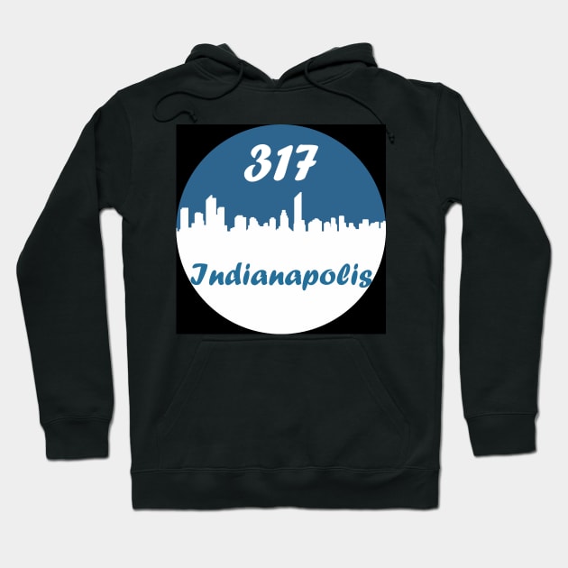 Black hoodie with Indianapolis skyline graphic, "317" text, casual streetwear, cotton blend, unisex design.