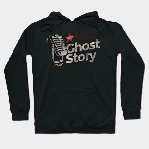 Black "Ghost Story" hoodie with vintage microphone design, made from soft cotton, perfect for casual wear and music fans.