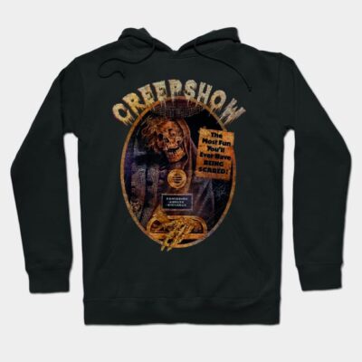 Black graphic hoodie featuring vintage horror-themed design, perfect for casual wear and cozy comfort.
