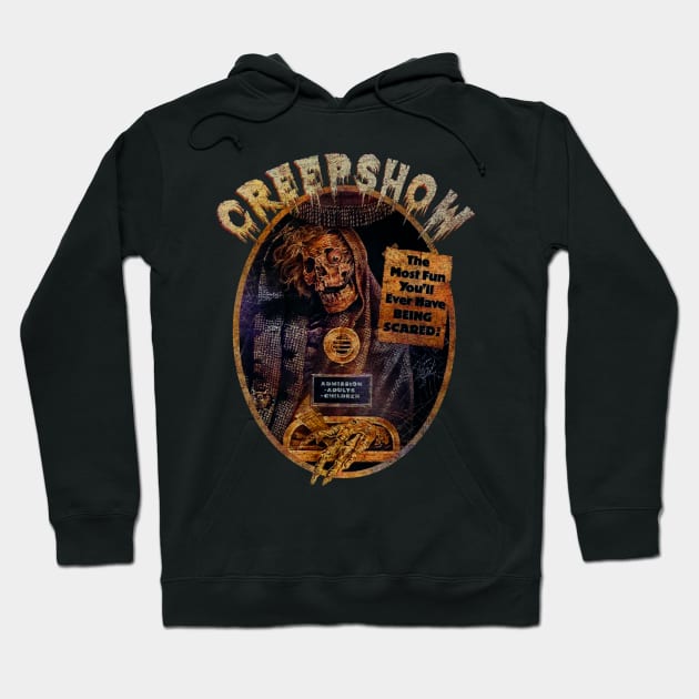 Black graphic hoodie featuring vintage horror-themed design, perfect for casual wear and cozy comfort.