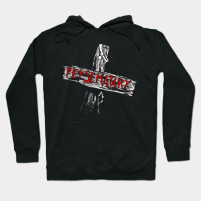 Black hoodie with "Pet Sematary" graphic, featuring wooden cross design. Cozy cotton blend, perfect for casual wear.