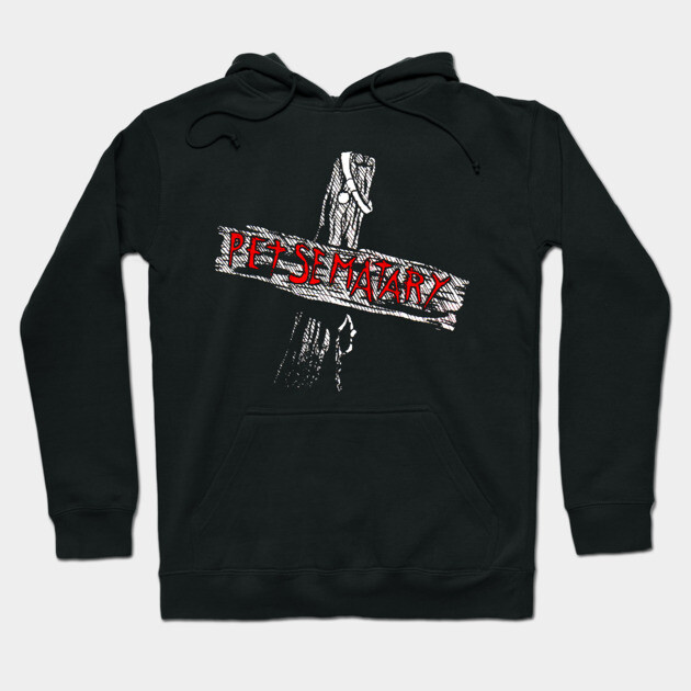 Black hoodie with "Pet Sematary" graphic, featuring wooden cross design. Cozy cotton blend, perfect for casual wear.