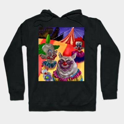 Black hoodie with colorful clown design, circus theme, casual wear, cotton blend, unisex style.