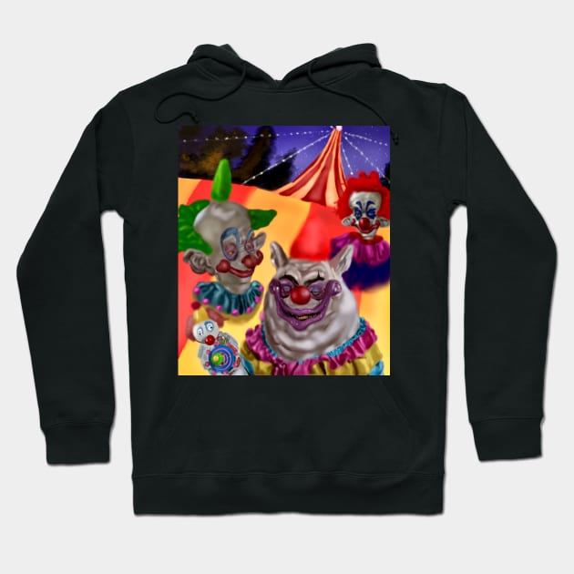 Black hoodie with colorful clown design, circus theme, casual wear, cotton blend, unisex style.