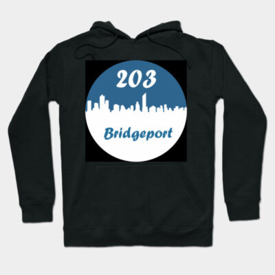 Black hoodie with "203 Bridgeport" cityscape design, casual style, cozy cotton blend for everyday wear.
