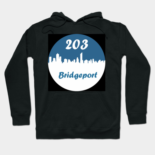 Black hoodie with "203 Bridgeport" cityscape design, casual style, cozy cotton blend for everyday wear.