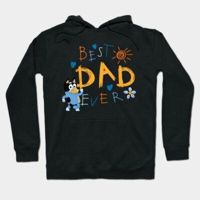 Black hoodie with colorful "Best Dad Ever" graphic design, featuring playful text and character. Perfect for Father's Day.