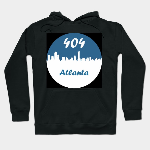 Black hoodie with "404 Atlanta" graphic, featuring a blue and white city skyline design, casual streetwear style.