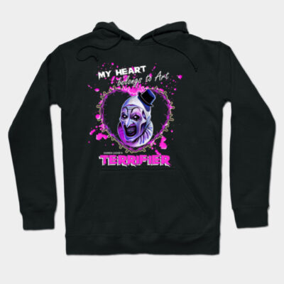 Black hoodie with graphic horror design, splashes of pink, and bold text. Perfect for casual wear and statement style.