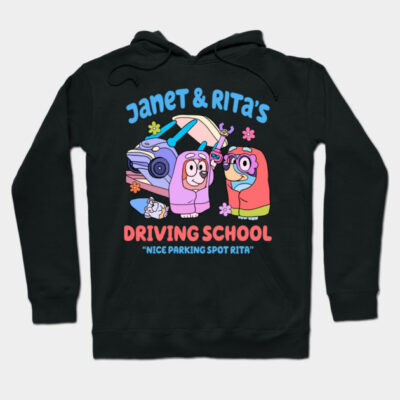 Black hoodie with colorful cartoon graphic, featuring driving school theme, made of cotton, casual style.
